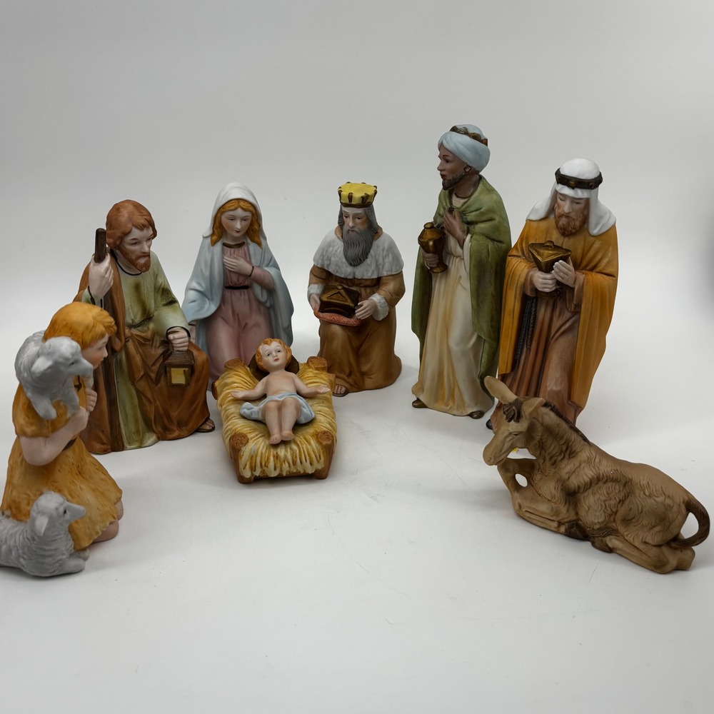 Vintage 8 Piece HomecoPorcelain Nativity Set Hand Painted Christmas Figurines